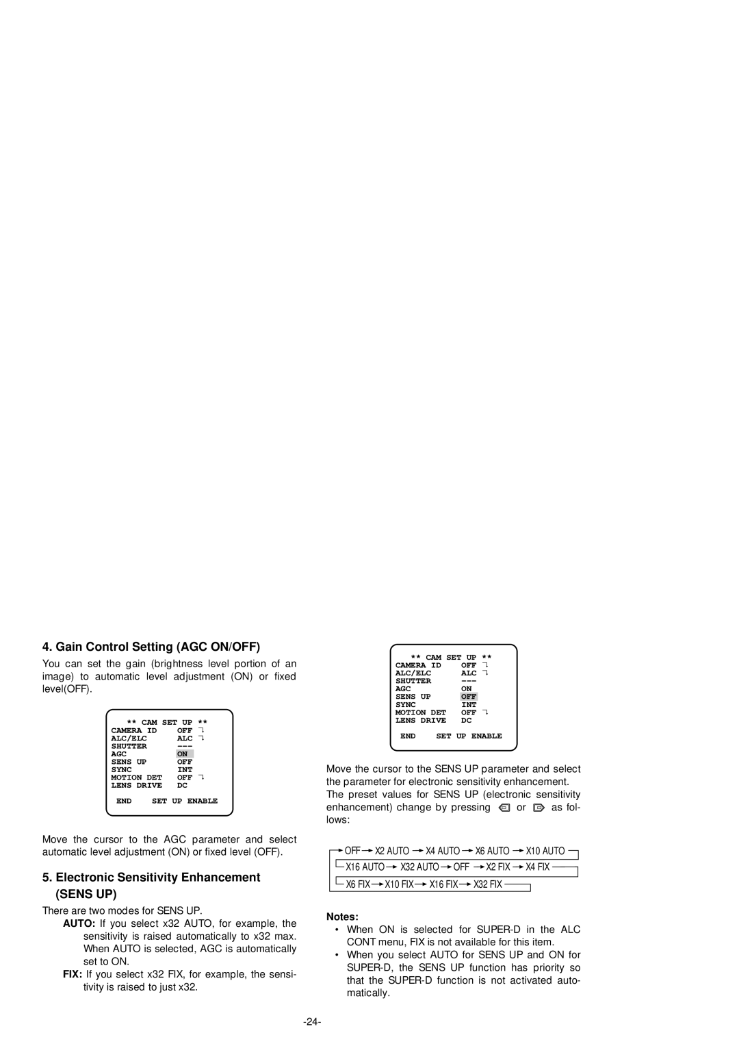 Panasonic WV-BP550 manual Gain Control Setting AGC ON/OFF, Electronic Sensitivity Enhancement Sens UP 