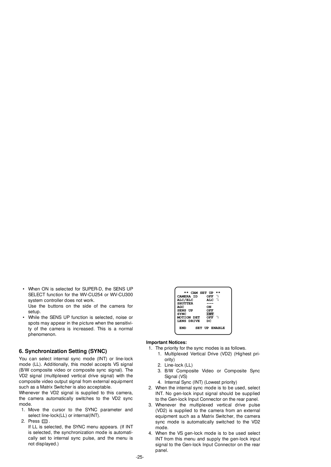 Panasonic WV-BP550 manual Synchronization Setting Sync, Important Notices 