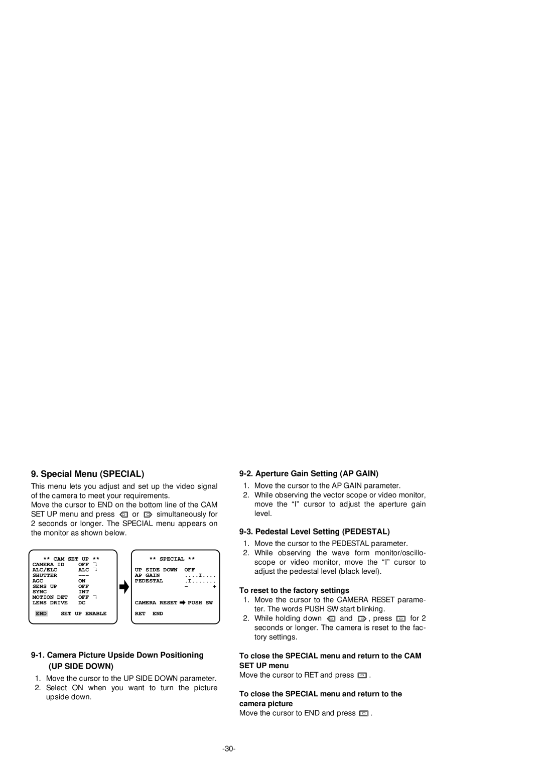 Panasonic WV-BP550 manual Special Menu Special, Camera Picture Upside Down Positioning, Aperture Gain Setting AP Gain 