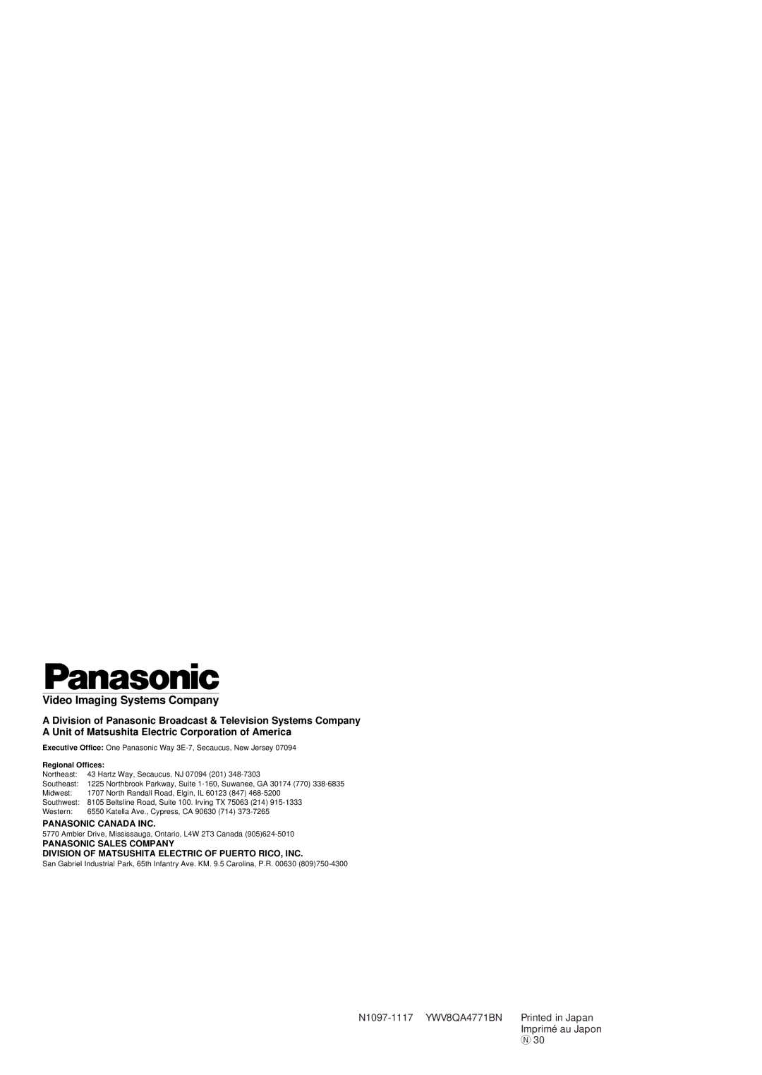 Panasonic WV-BP550 manual Video Imaging Systems Company, Regional Offices 