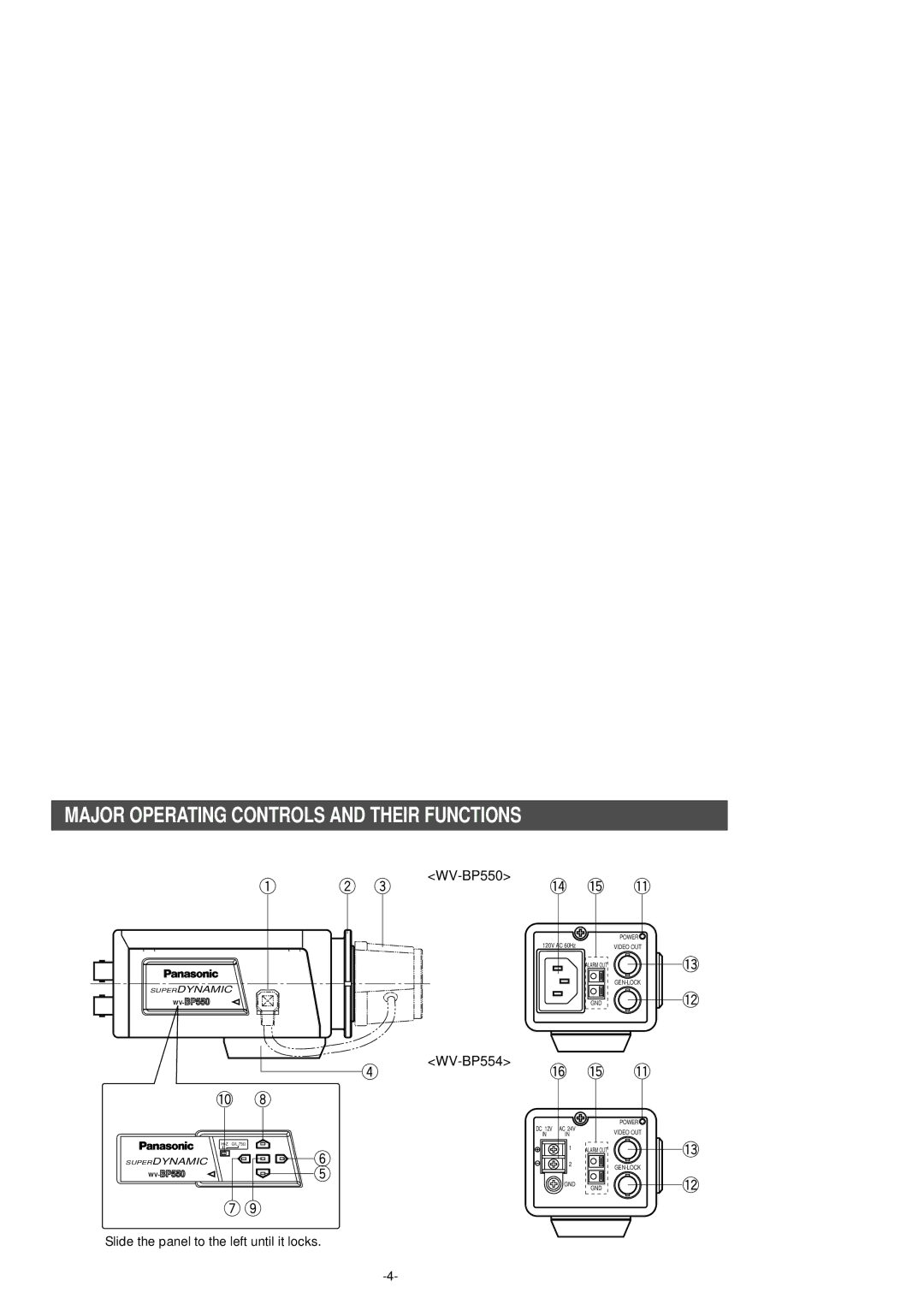 Panasonic WV-BP550 manual Major Operating Controls and Their Functions, WV-BP554 