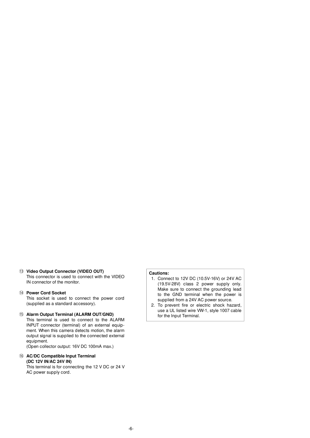 Panasonic WV-BP550 manual Video Output Connector Video OUT, Power Cord Socket, Alarm Output Terminal Alarm OUT/GND 