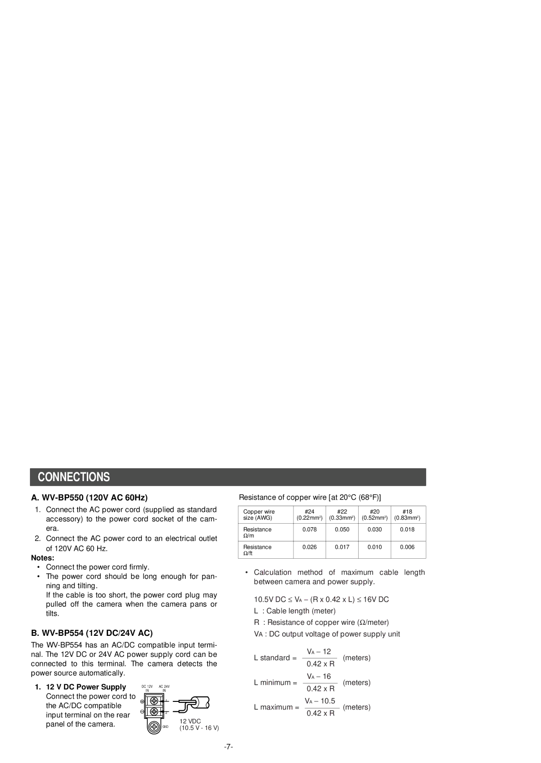 Panasonic manual Connections, WV-BP550 120V AC 60Hz, WV-BP554 12V DC/24V AC, DC Power Supply 