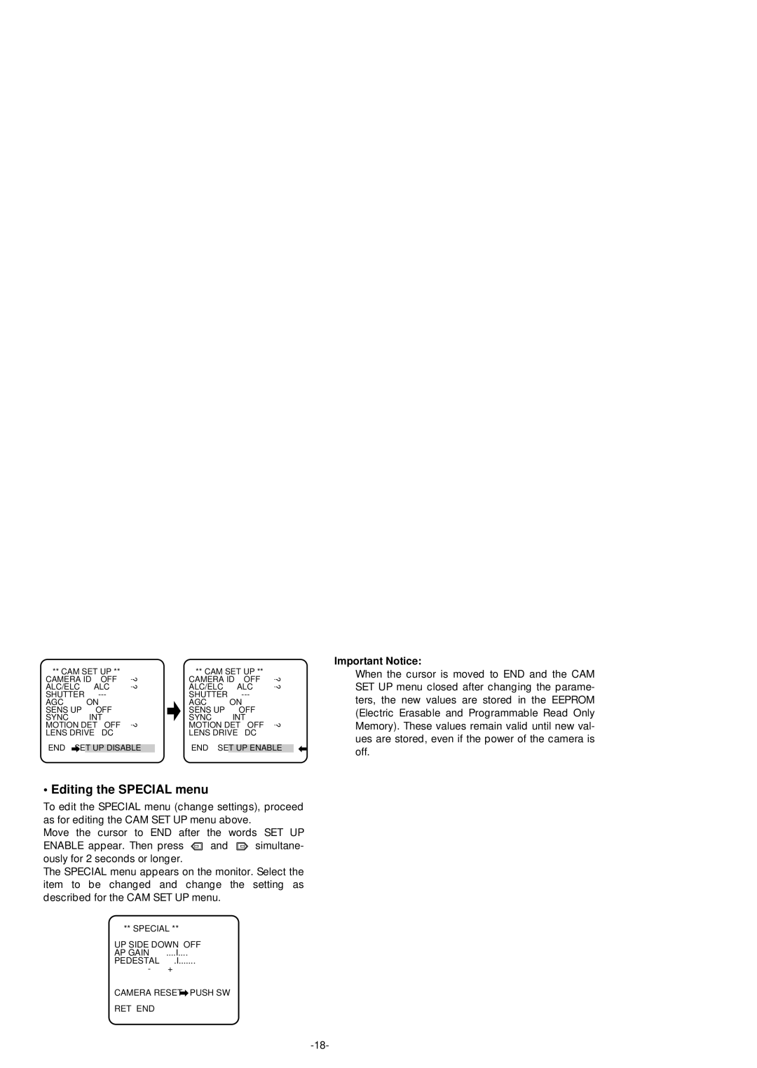 Panasonic WV-BP554 manual Editing the Special menu 