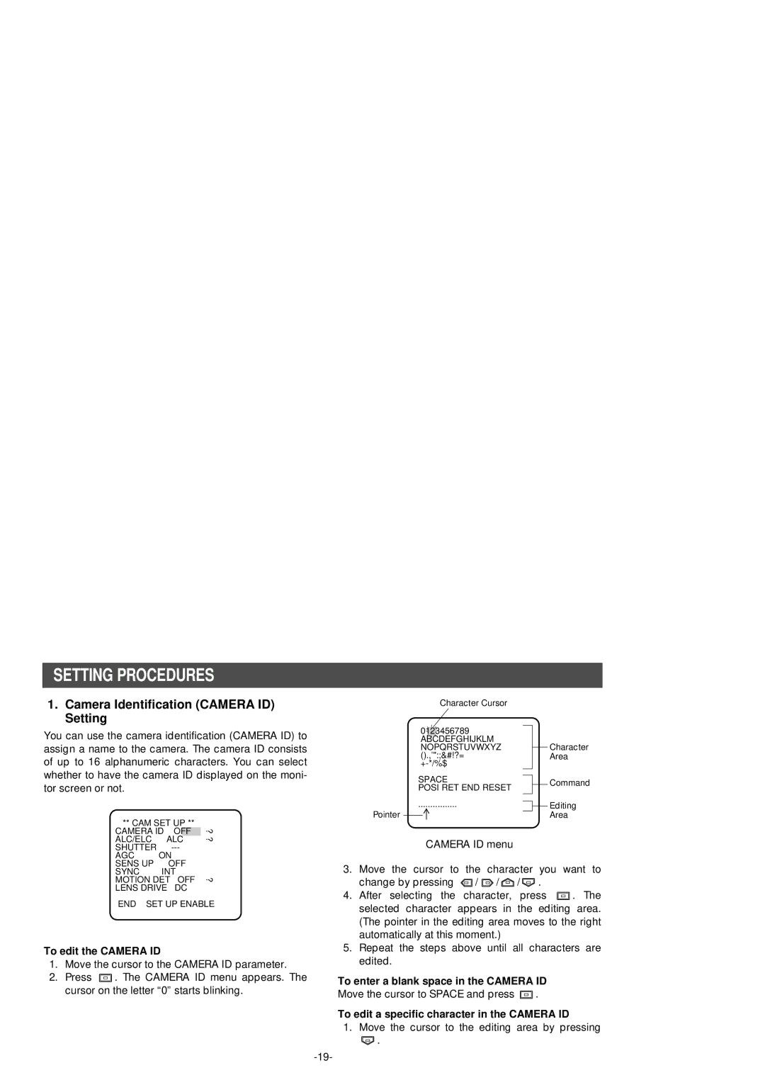 Panasonic WV-BP554 manual Setting Procedures, Camera Identification Camera ID Setting, To edit the Camera ID 