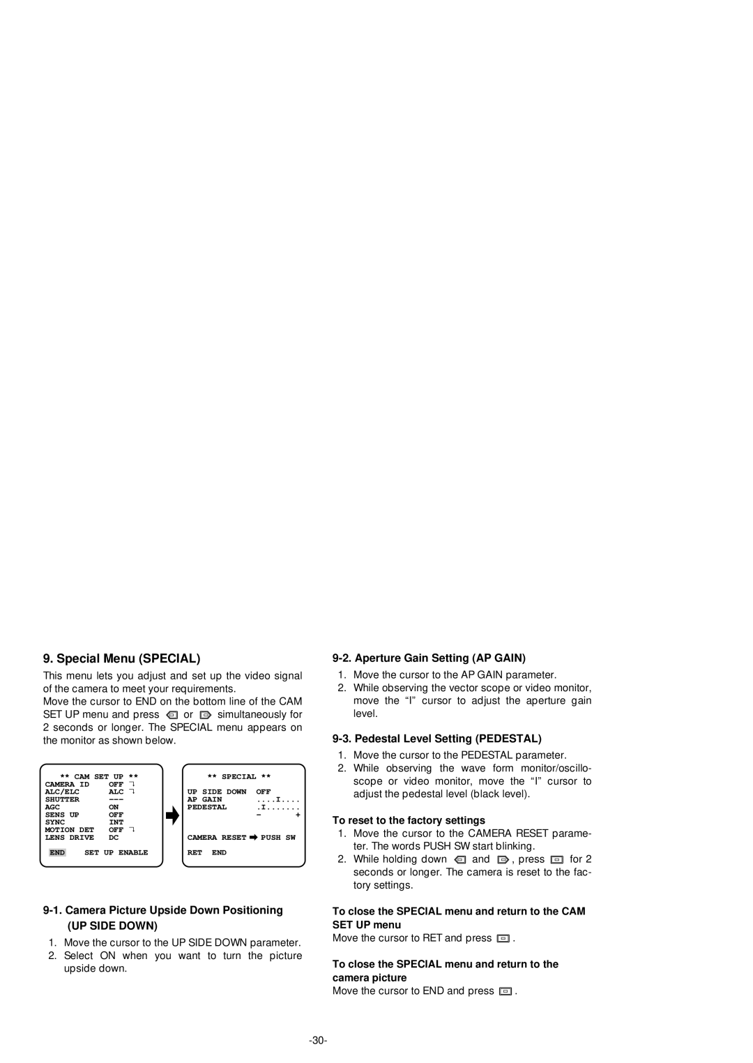 Panasonic WV-BP554 manual Special Menu Special, Camera Picture Upside Down Positioning, Aperture Gain Setting AP Gain 