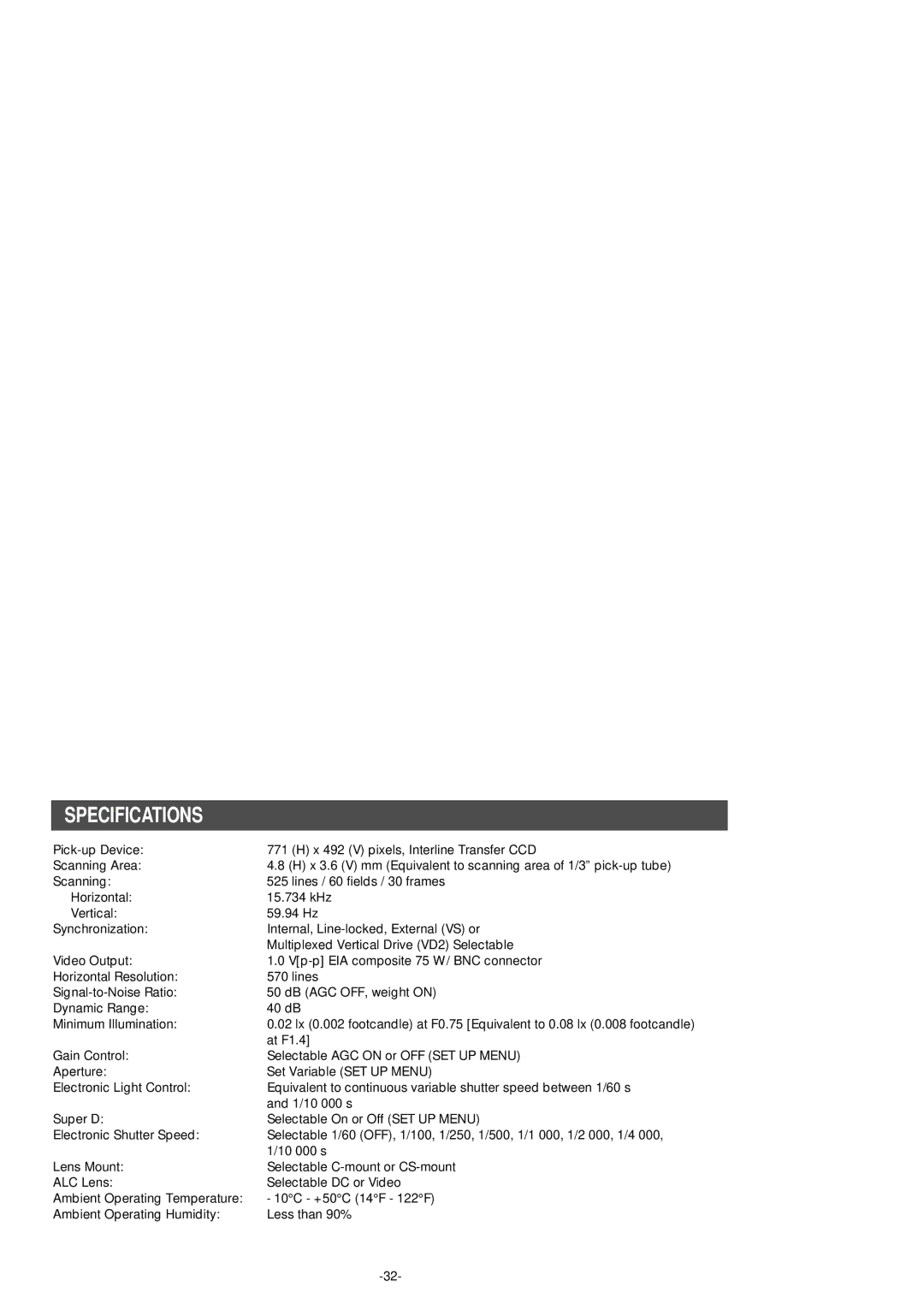 Panasonic WV-BP554 manual Specifications 