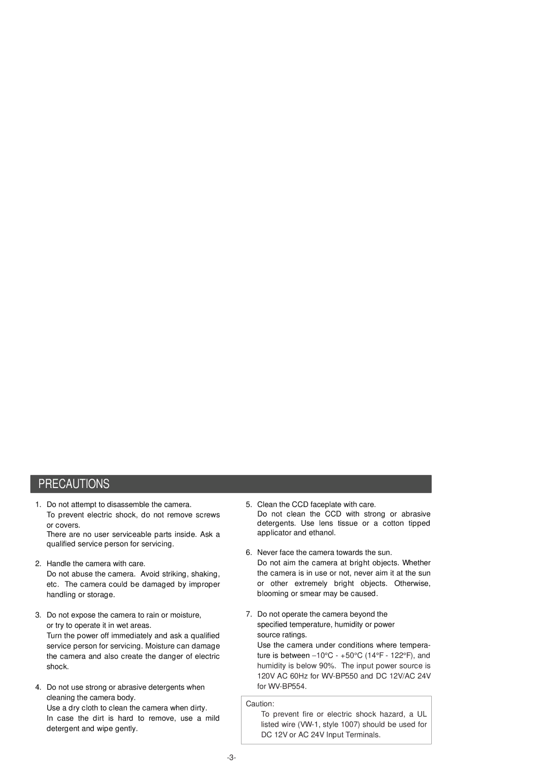 Panasonic WV-BP554 manual Precautions, Do not attempt to disassemble the camera, Handle the camera with care 