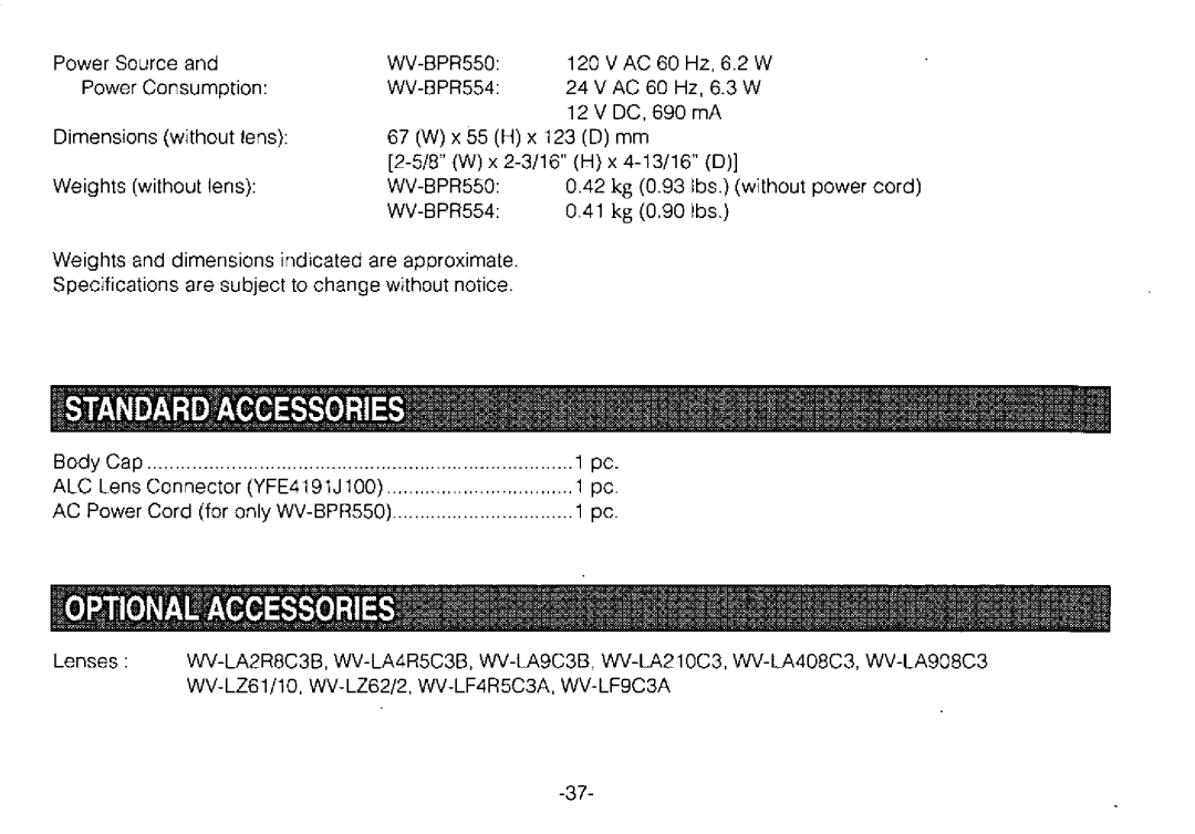 Panasonic WV-BPR550, WV-BPR554 manual 