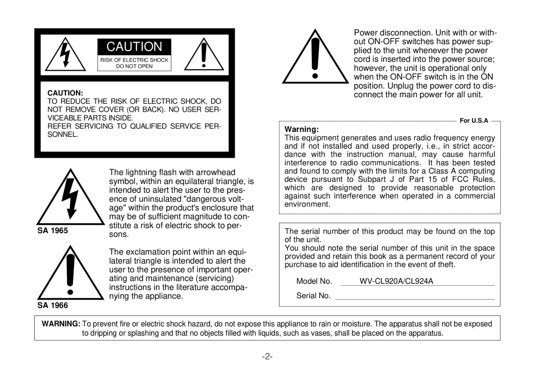 Panasonic WV-C L924A, WV-C L920A operating instructions Lightning flash with arrowhead 