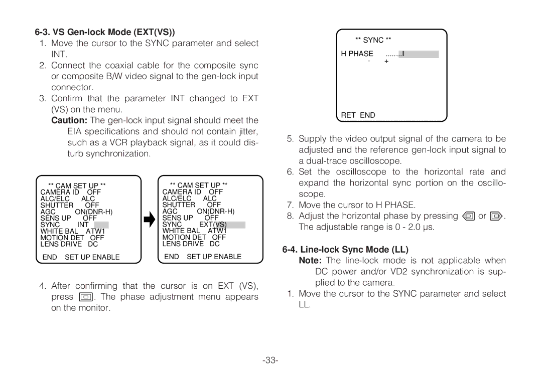 Panasonic WV-C L924A, WV-C L920A operating instructions VS Gen-lock Mode Extvs, Line-lock Sync Mode LL 