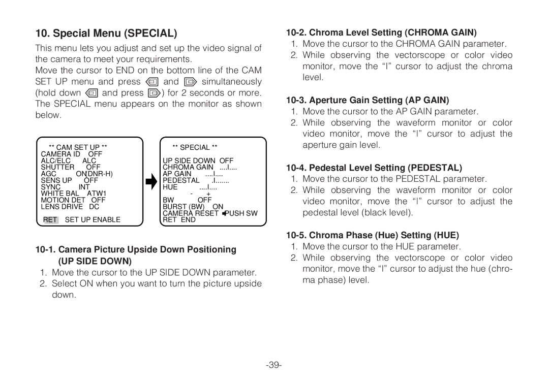 Panasonic WV-C L924A, WV-C L920A operating instructions Special Menu Special 