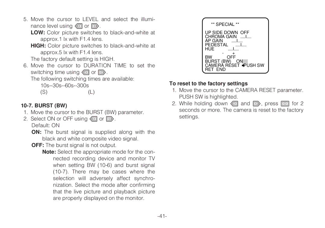 Panasonic WV-C L924A, WV-C L920A operating instructions Burst BW, To reset to the factory settings 