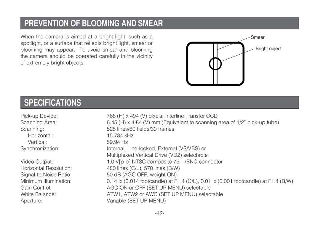 Panasonic WV-C L920A, WV-C L924A operating instructions Prevention of Blooming and Smear, Specifications 