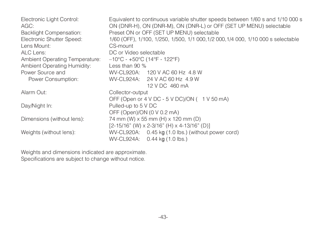 Panasonic WV-C L924A, WV-C L920A operating instructions Agc 