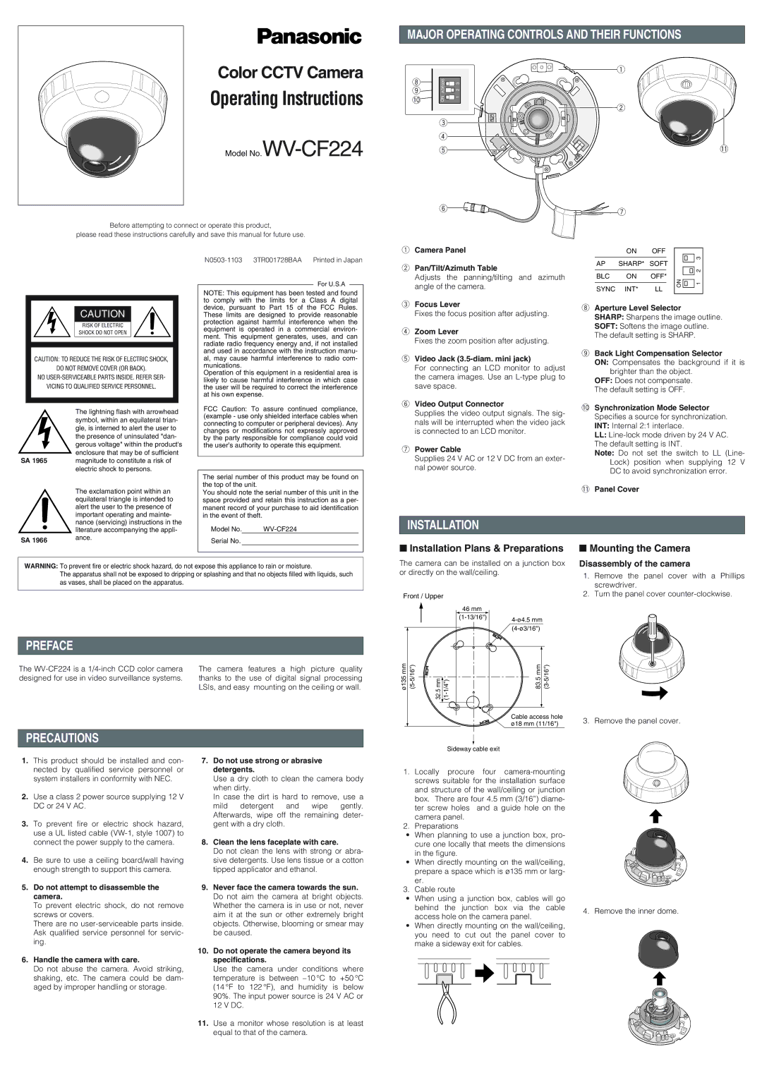 Panasonic WV-CF224 dimensions Installation, Preface, Precautions, Disassembly of the camera 