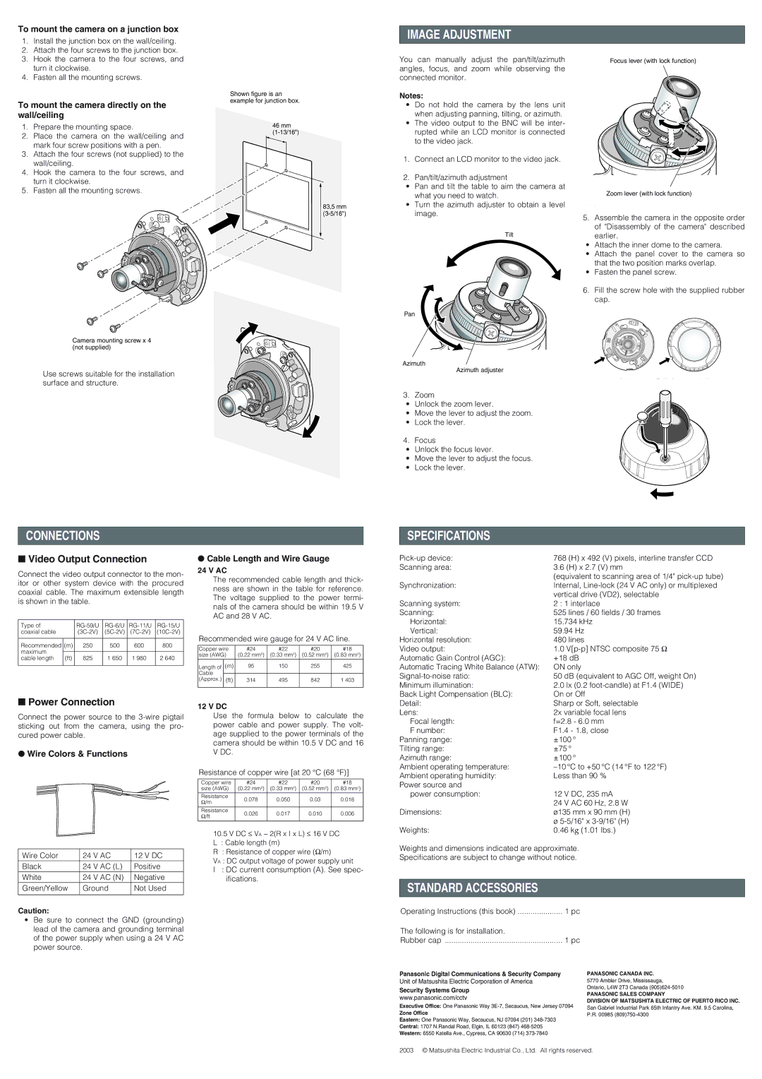 Panasonic WV-CF224 dimensions Image Adjustment, Connections Specifications, Standard Accessories 