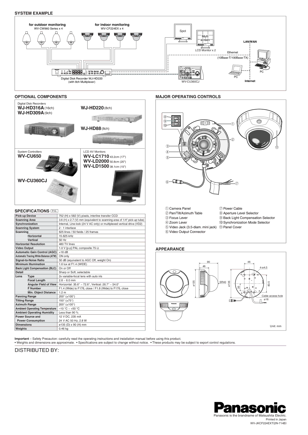 Panasonic WV-CF224EX manual System Example, Optional Components, Specifications, Major Operating Controls Appearance 