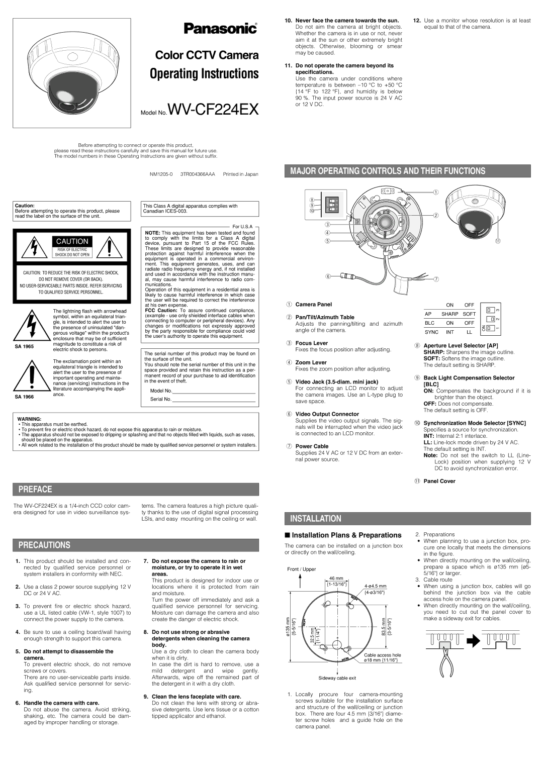 Panasonic WV-CF224EX operating instructions Preface, Installation Precautions, Installation Plans & Preparations 