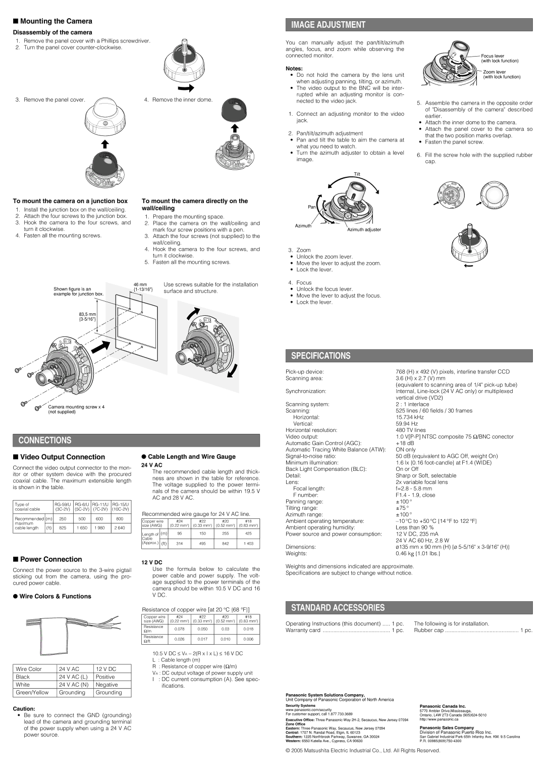 Panasonic WV-CF224EX operating instructions Image Adjustment, Specifications, Connections, Standard Accessories 