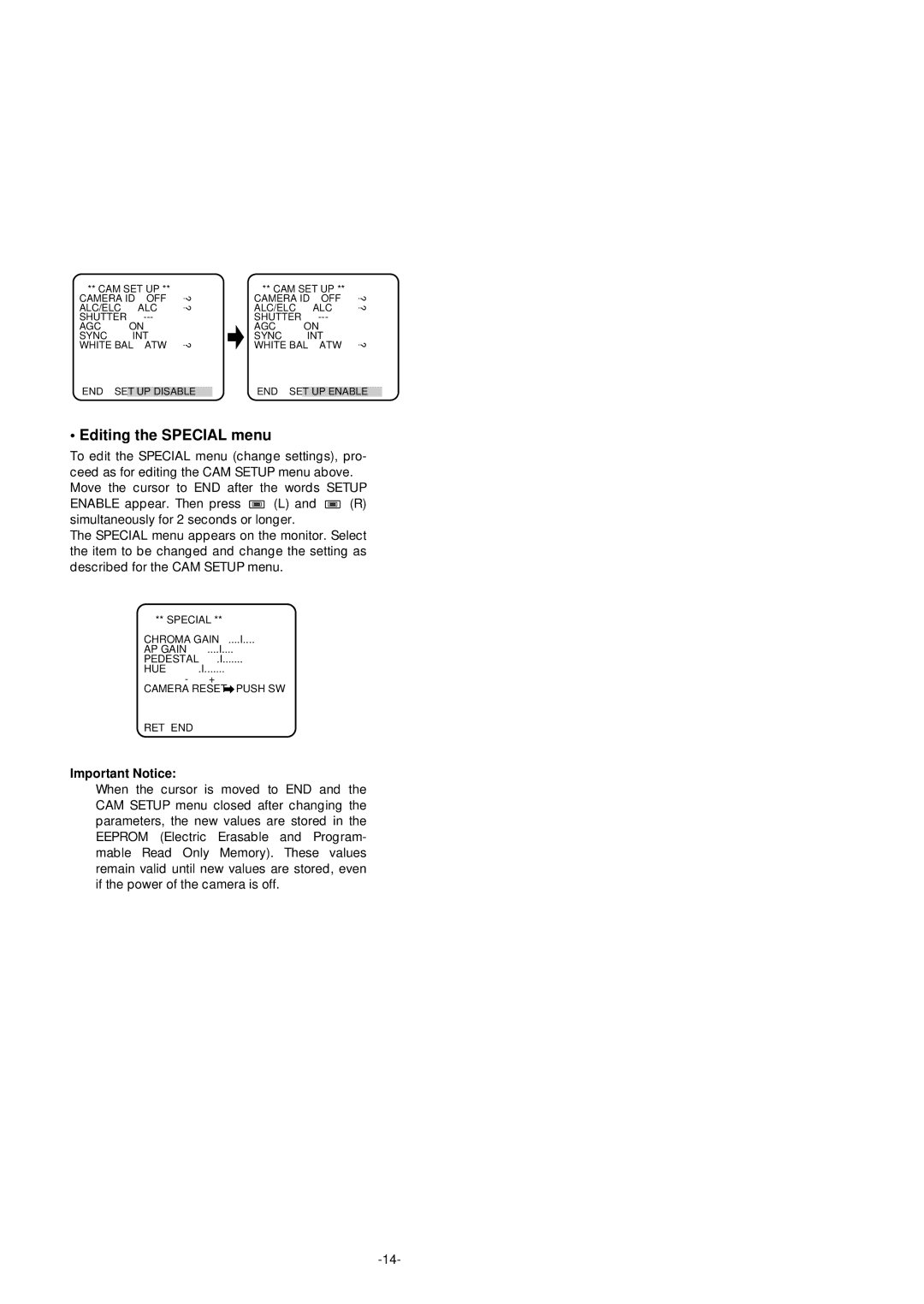 Panasonic WV-CF254 manual Editing the Special menu 