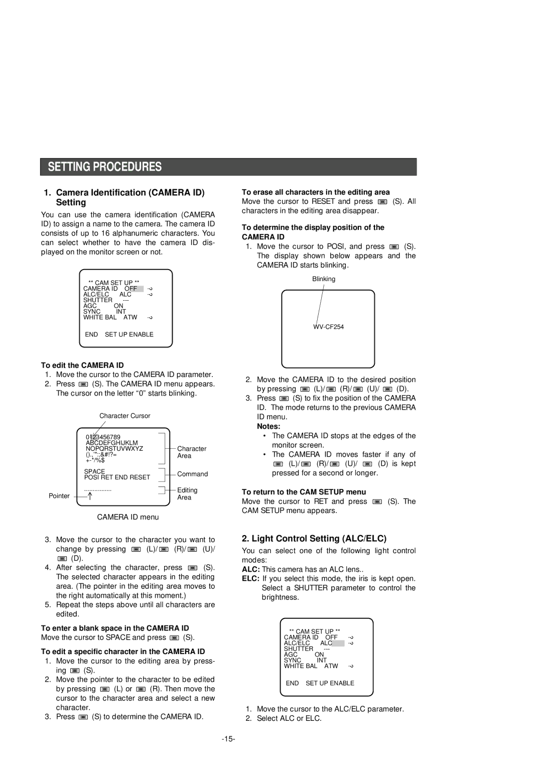 Panasonic WV-CF254 manual Setting Procedures, Camera Identification Camera ID Setting, Light Control Setting ALC/ELC 