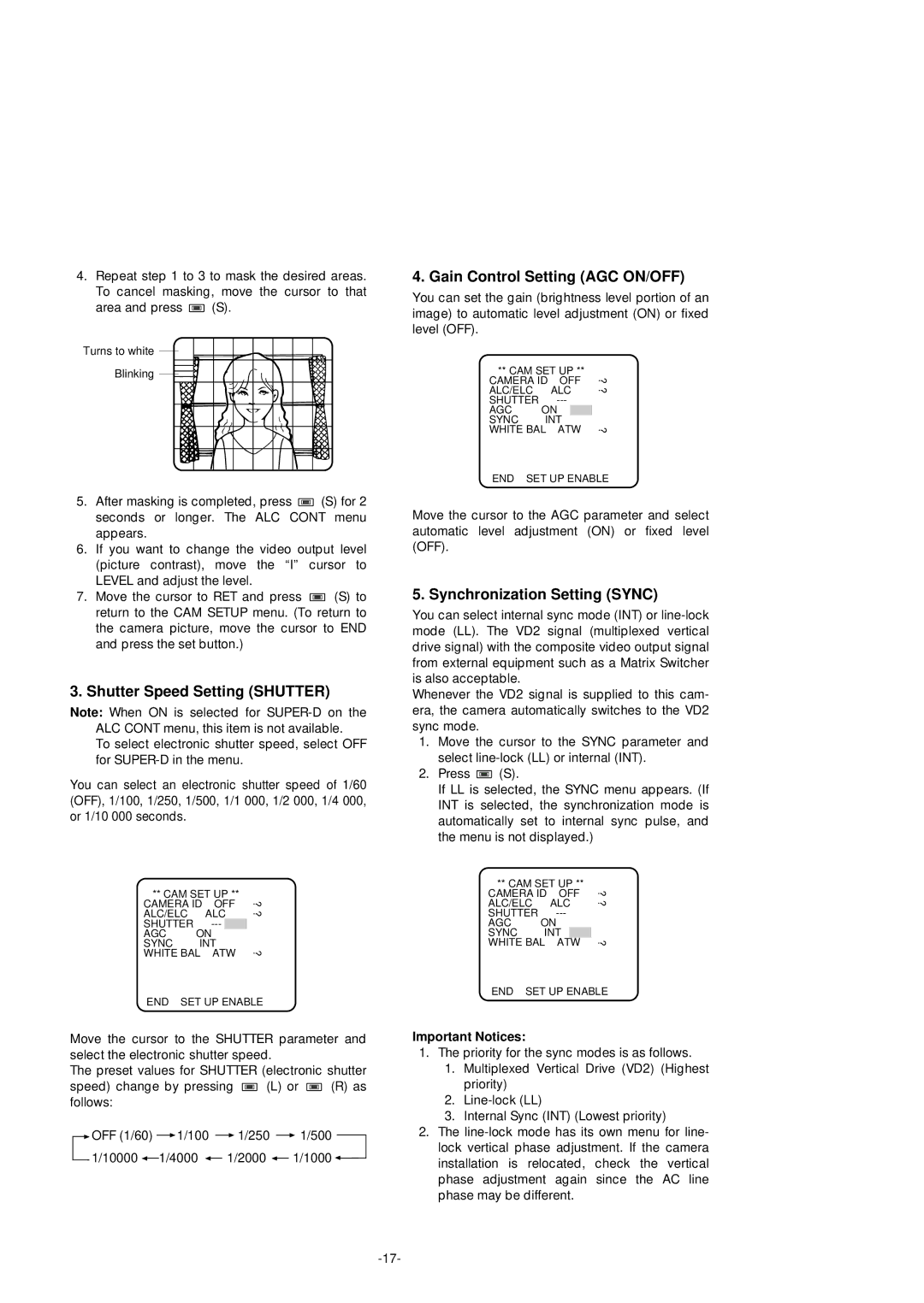 Panasonic WV-CF254 manual Shutter Speed Setting Shutter, Gain Control Setting AGC ON/OFF, Synchronization Setting Sync 