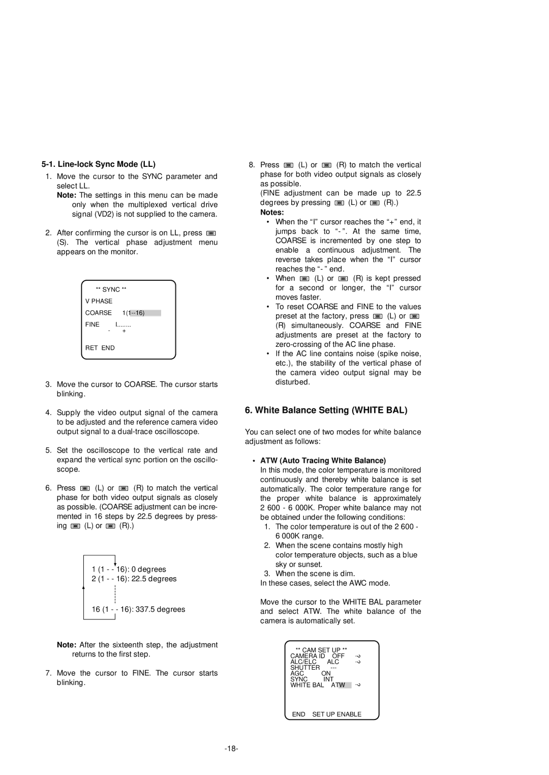 Panasonic WV-CF254 manual White Balance Setting White BAL, Line-lock Sync Mode LL, ATW Auto Tracing White Balance 