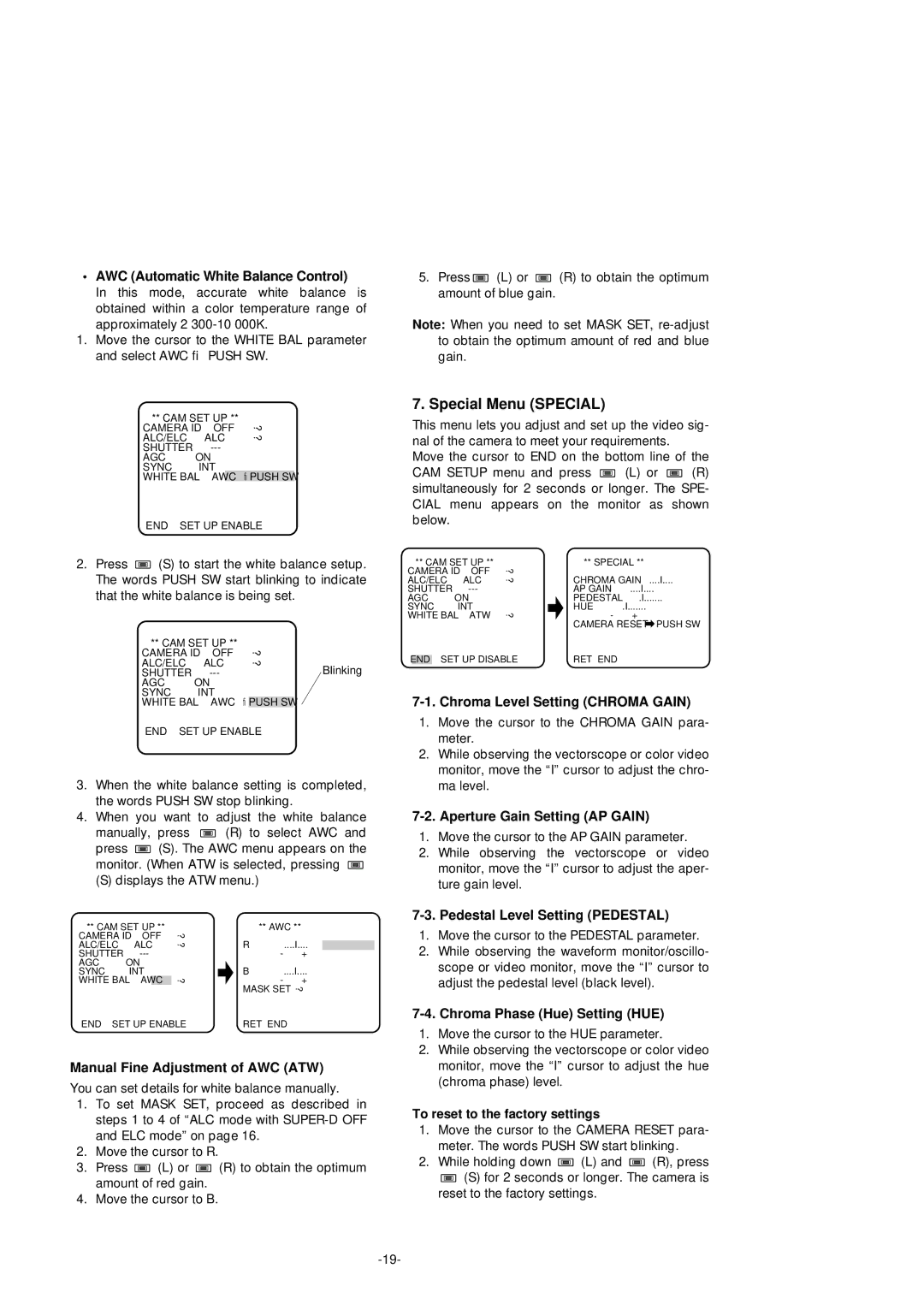 Panasonic WV-CF254 manual Special Menu Special 