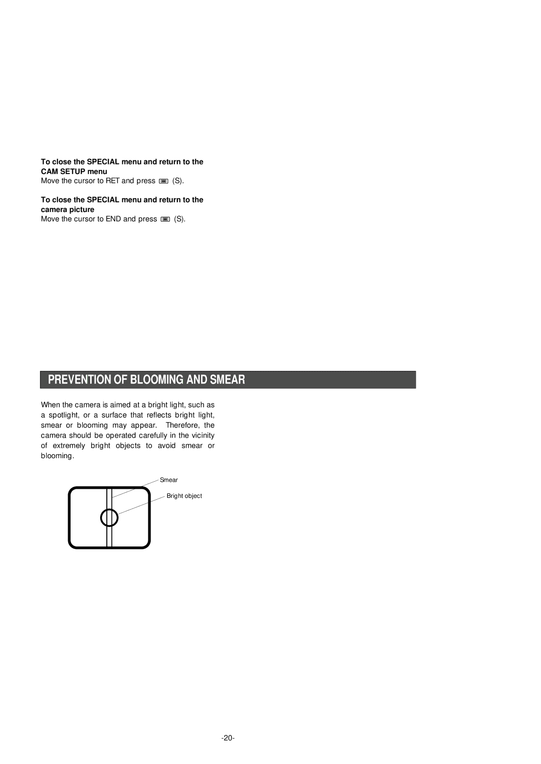 Panasonic WV-CF254 manual Prevention of Blooming and Smear, To close the Special menu and return to the CAM Setup menu 