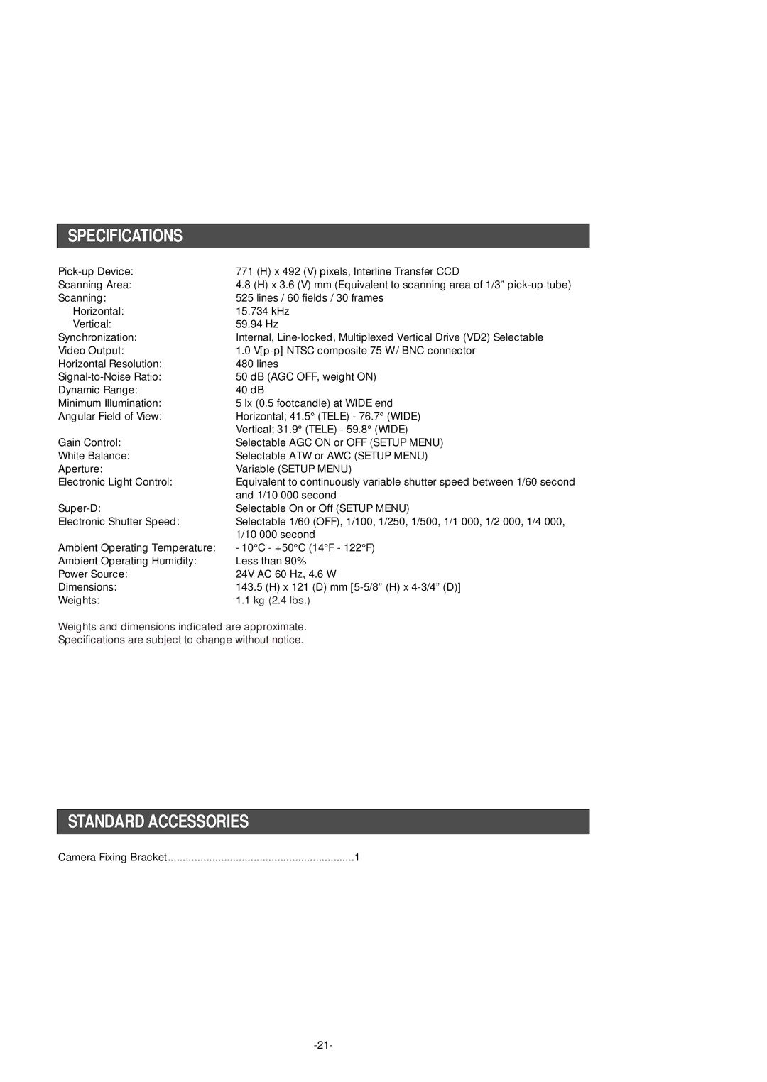 Panasonic WV-CF254 manual Specifications, Standard Accessories 