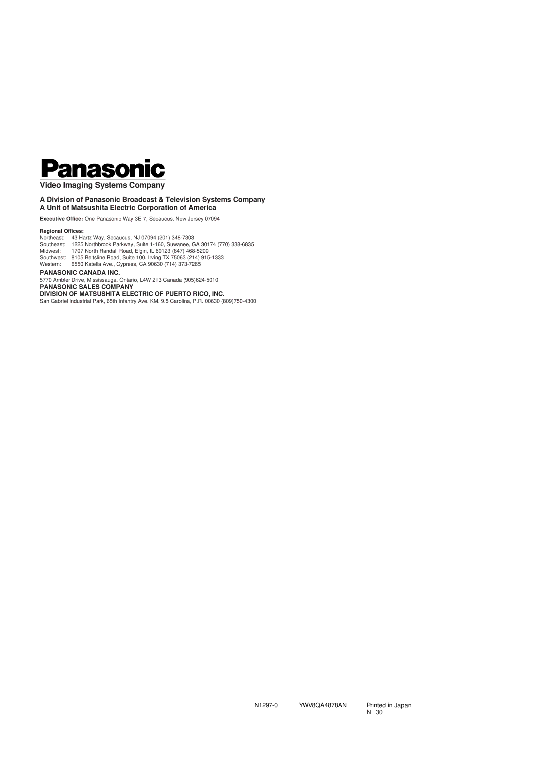 Panasonic WV-CF254 manual Video Imaging Systems Company, Regional Offices 