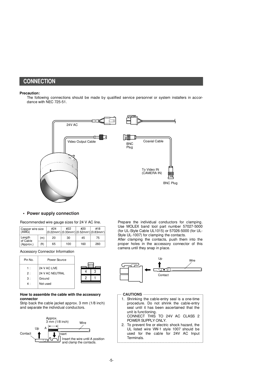 Panasonic WV-CF254 Connection, Power supply connection, Precaution, How to assemble the cable with the accessory connector 