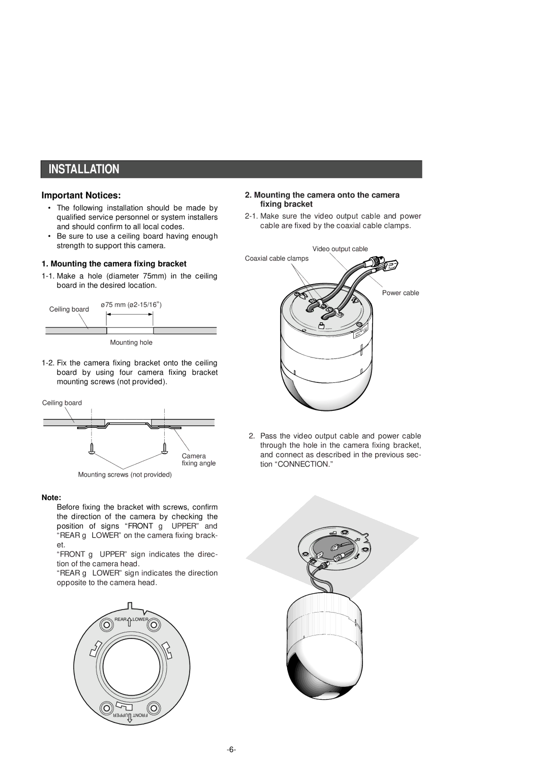 Panasonic WV-CF254 manual Installation, Important Notices, Mounting the camera fixing bracket 