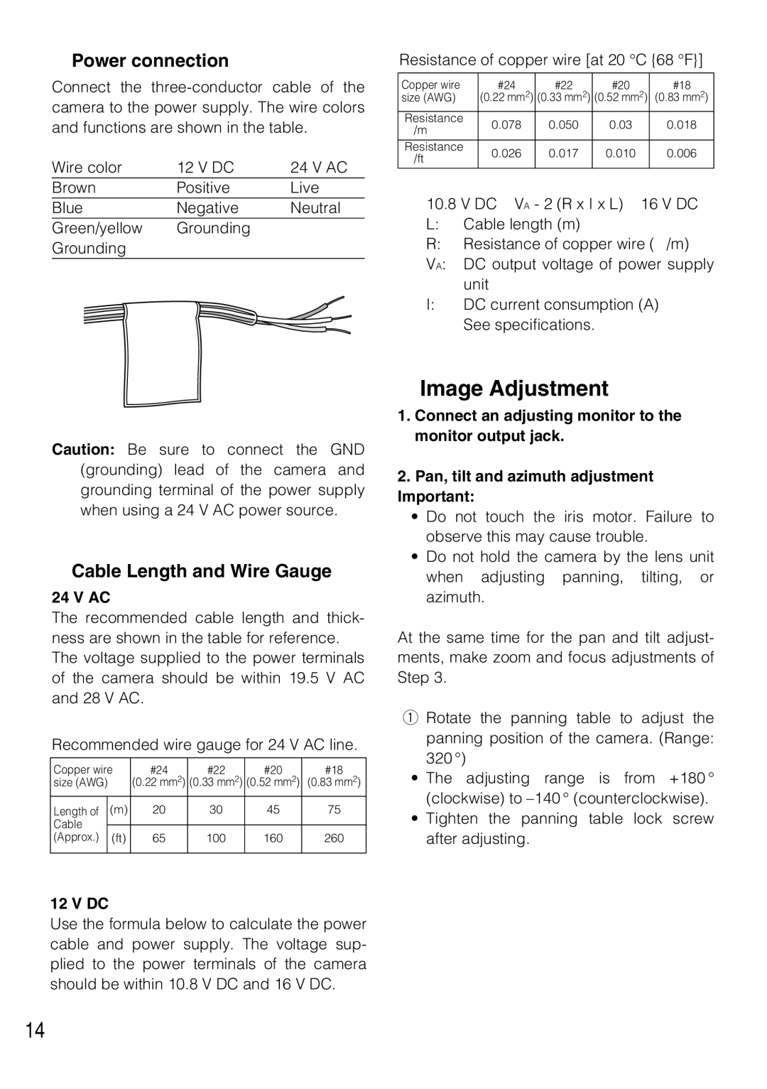 Panasonic WV-CF284, WV-CF294 operating instructions Image Adjustment, Power connection, Cable Length and Wire Gauge 