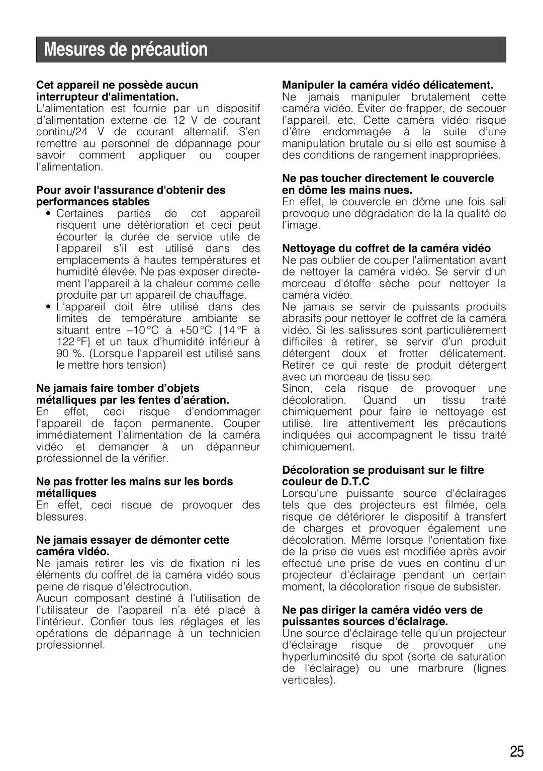 Panasonic WV-CF294, WV-CF284 operating instructions Mesures de précaution 