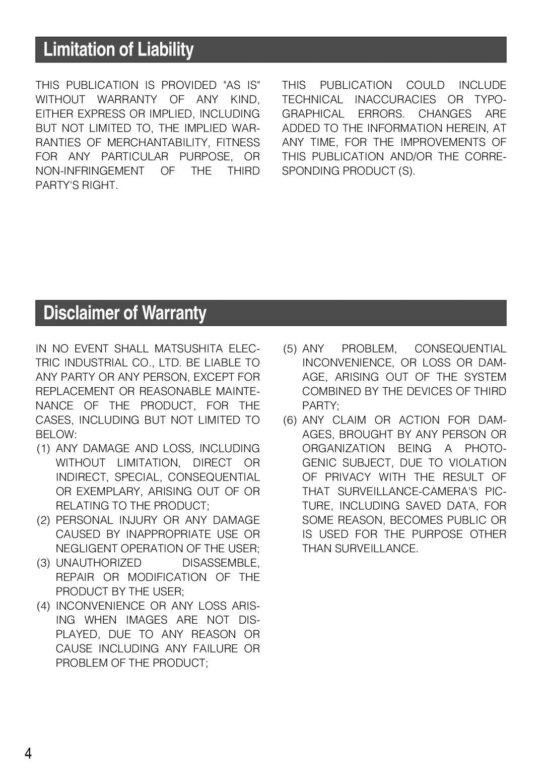 Panasonic WV-CF284, WV-CF294 operating instructions Limitation of Liability, Disclaimer of Warranty 