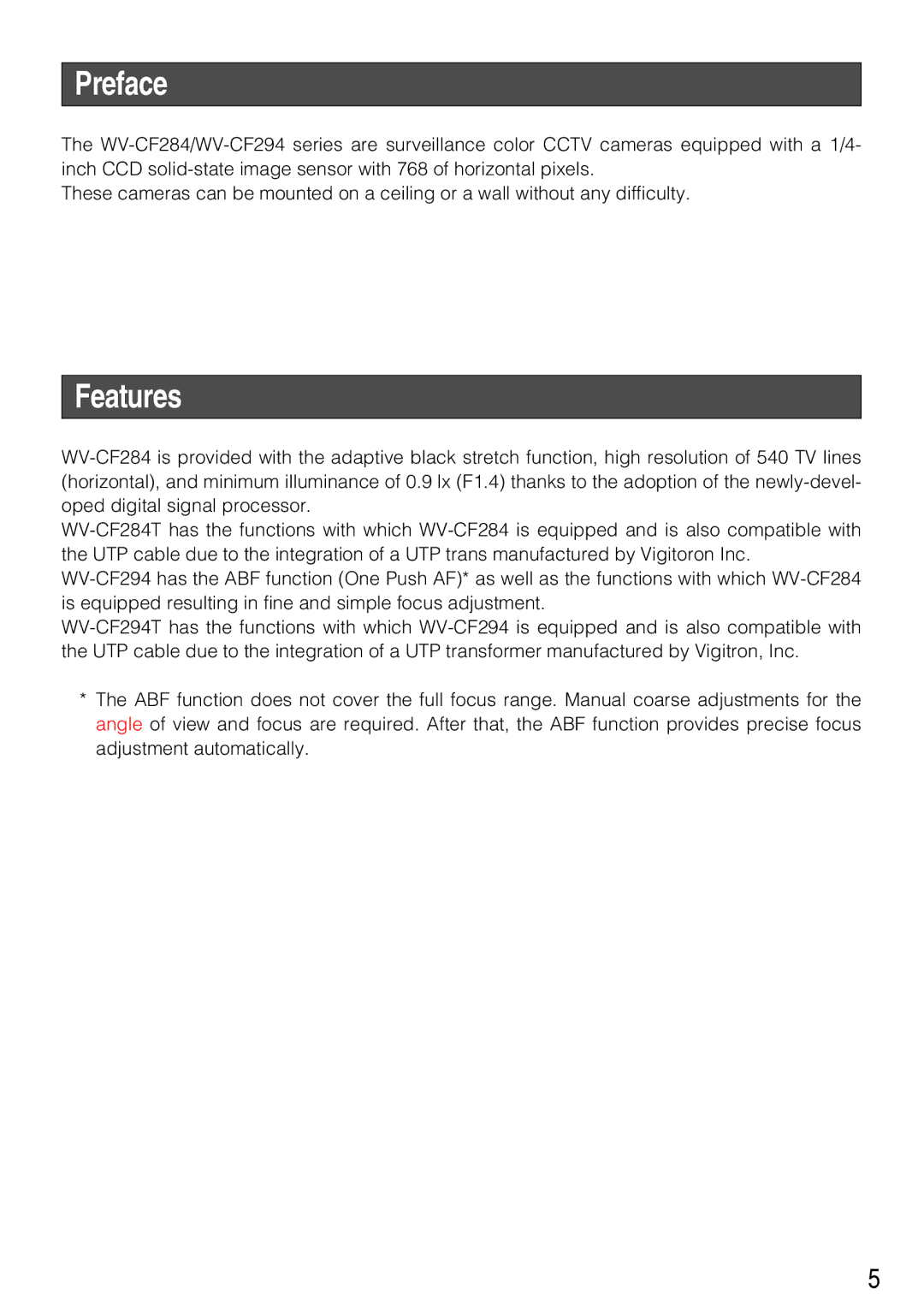 Panasonic WV-CF294, WV-CF284 operating instructions Preface, Features 