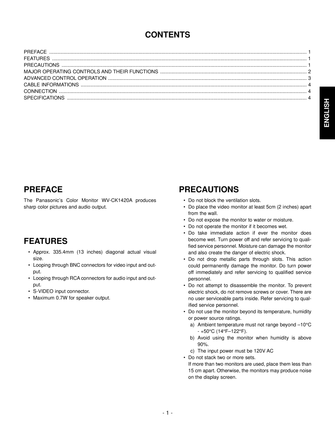 Panasonic WV-CK1420A manual Contents, Preface, Features, Precautions 