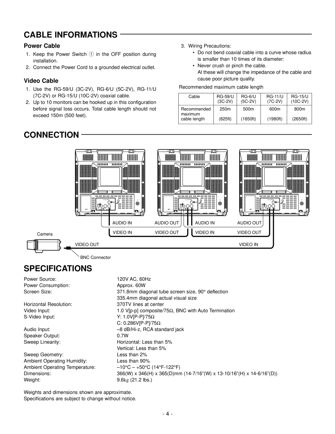 Panasonic WV-CK1420A manual Cable Informations, Connection, Specifications, Power Cable, Video Cable 