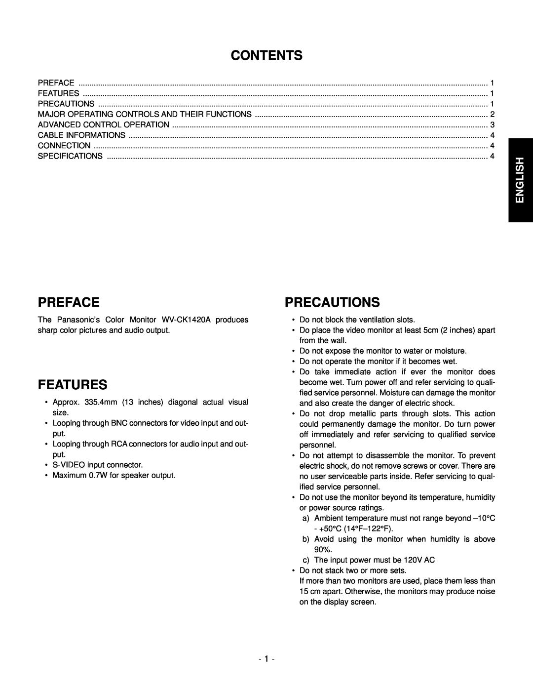 Panasonic WV-CK1420A manual Contents, Preface, Features, Precautions, English 