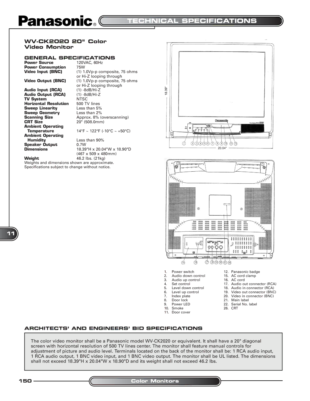 Panasonic manual Technical Specifications, WV-CK2020 20 Color Video Monitor, General Specifications 