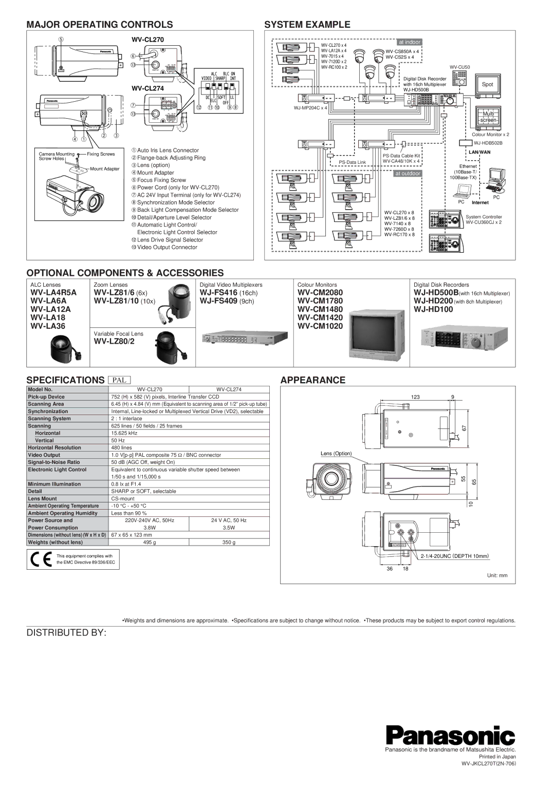 Panasonic WV-CL270 Major Operating Controls System Example, Optional Components & Accessories, Specifications, Appearance 