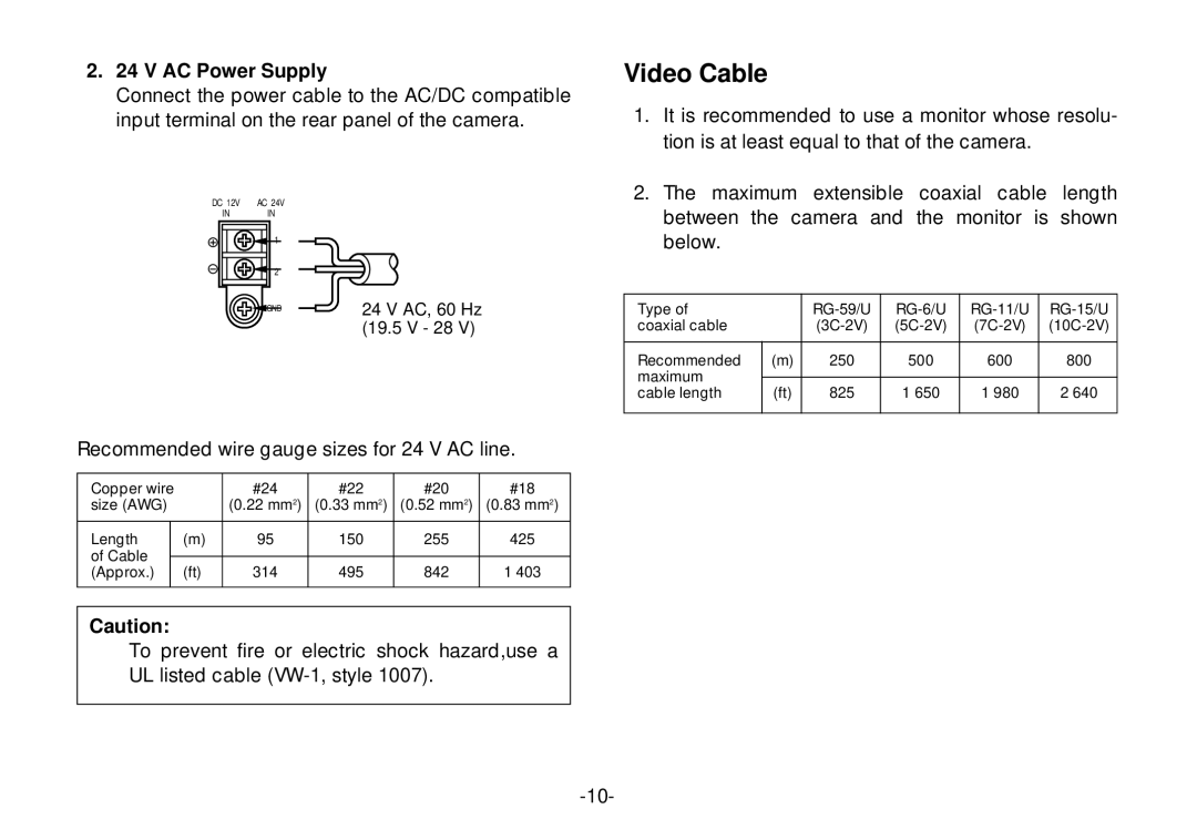 Panasonic WV-CL920, WV-CL924 operating instructions AC Power Supply, Recommended wire gauge sizes for 24 V AC line 