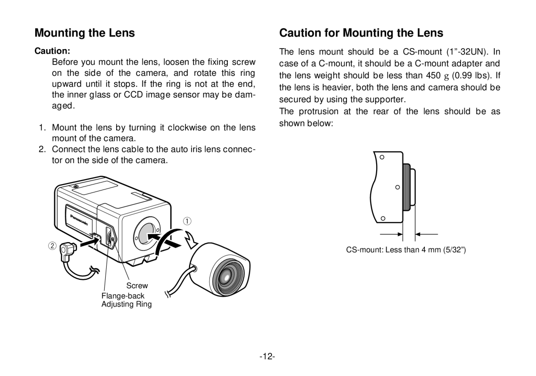 Panasonic WV-CL920, WV-CL924 operating instructions Mounting the Lens 