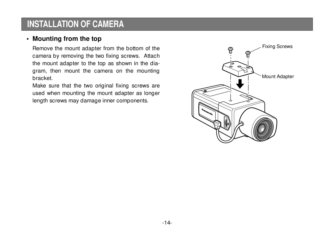 Panasonic WV-CL920, WV-CL924 operating instructions Installation of Camera, Mounting from the top 