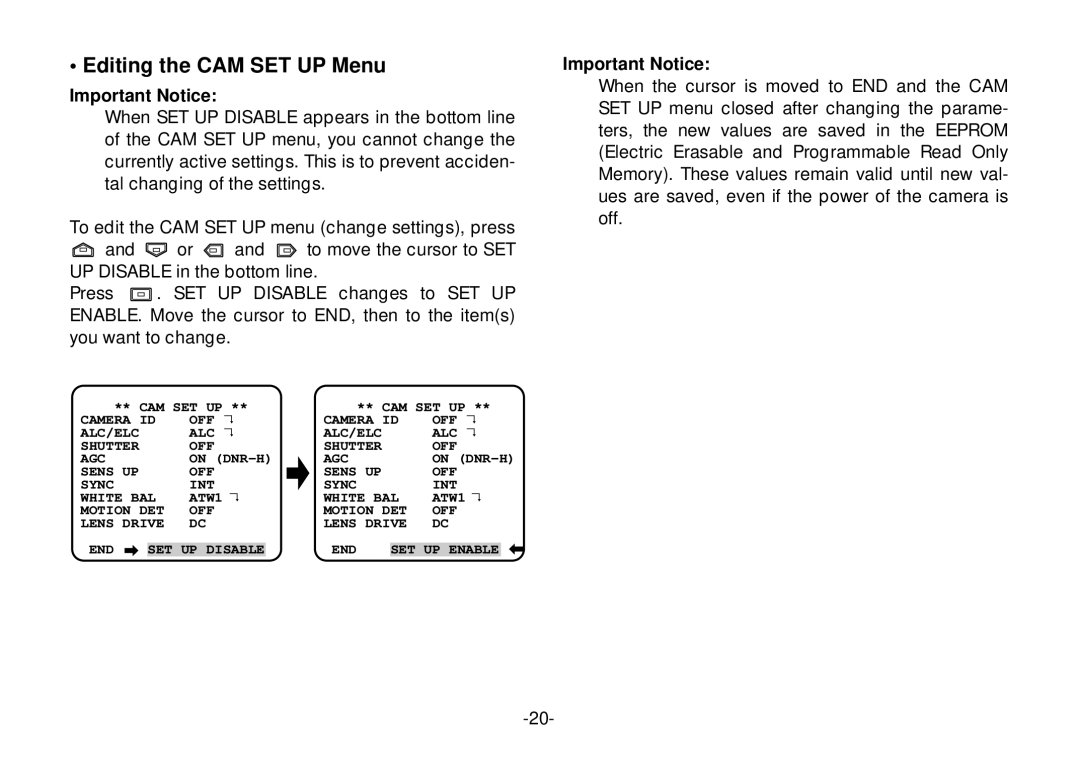 Panasonic WV-CL924, WV-CL920 operating instructions Editing the CAM SET UP Menu, Important Notice 