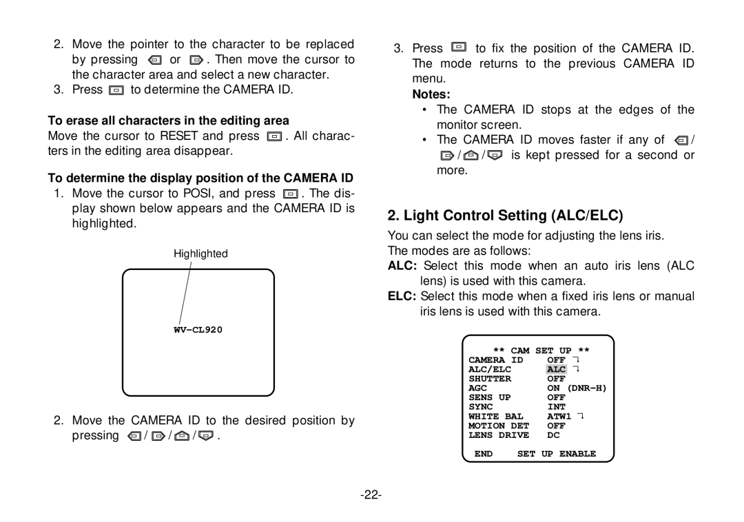 Panasonic WV-CL924, WV-CL920 Light Control Setting ALC/ELC, To erase all characters in the editing area 