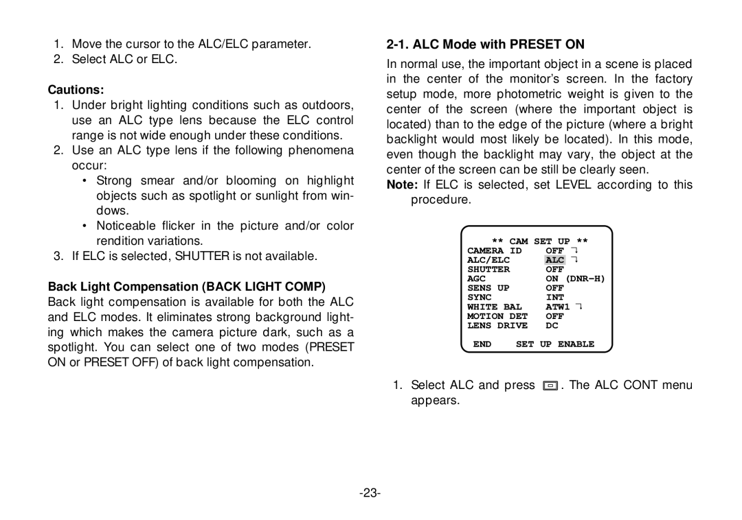 Panasonic WV-CL920, WV-CL924 operating instructions ALC Mode with Preset on, Back Light Compensation Back Light Comp 