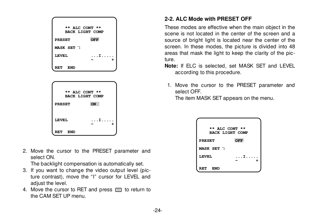 Panasonic WV-CL924, WV-CL920 operating instructions ALC Mode with Preset OFF 